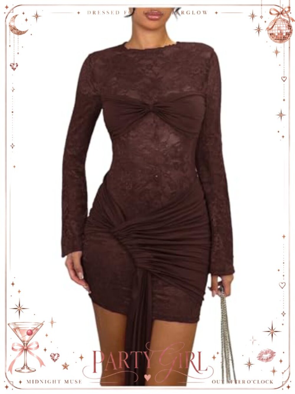 WDIRARA Women's Lace Bodycon Mini Dress Ruched Long Sleeve Sheer Mesh Party